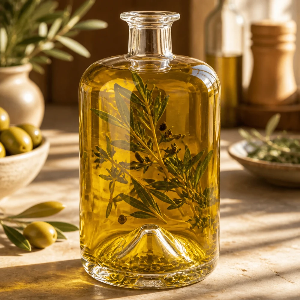 Bouteille en verre Sofia 700ml remplie d'huile d'olive et d'herbes aromatiques comme exemple d'utilisation décorée sur une table en bois
