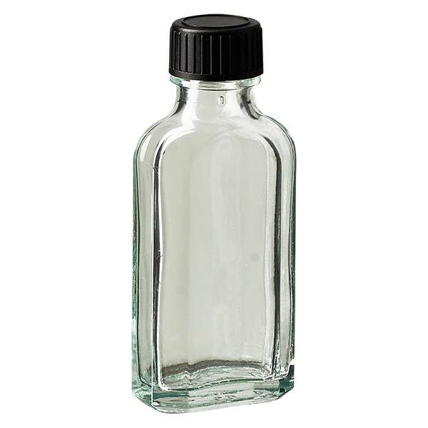 Flasque transparente de 50 ml au goulot DIN 22, avec bouchon à vis DIN 22 noir et joint PEE Flasque transparente de 50 ml au goulot DIN 22, avec bouchon à vis DIN 22 noir et joint PEE