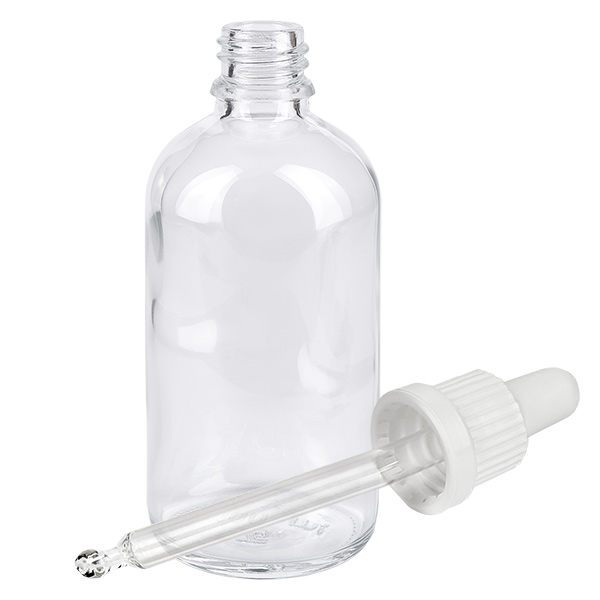 Flacon à pipette 100ml blanc OV ClearLine UT18/100 Flacon en verre vide de 100 ml muni d'une pipette en plastique blanche, destiné à des applications de laboratoire