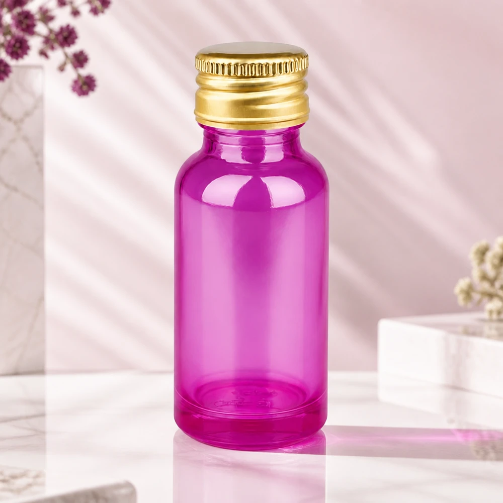 Flacon 20ml 11mm bouchon à vis alu-or standard PurpleLine. UT18/20 Bouteille élégante de 20 ml de teinte pourpre avec bouchon en aluminium de première qualité, parfaite pour les cosmétiques de bricolage