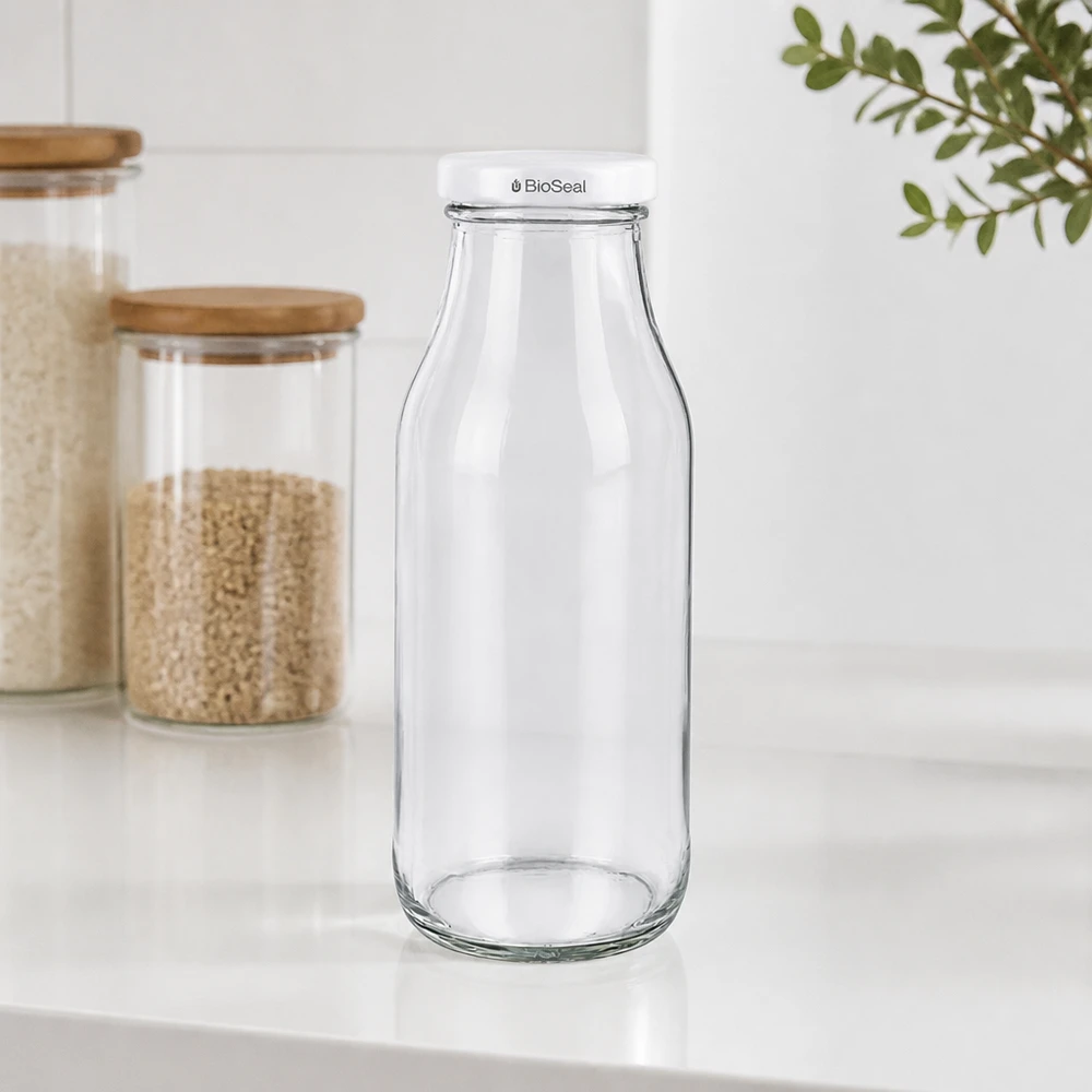 263ml Bouteille avec couvercle BioSeal blanc UNiTWIST Bouteille en verre UNiTWIST Bottle263 avec couvercle blanc TO43 BioSeal sur un plan de travail blanc à côté des bocaux de stockage