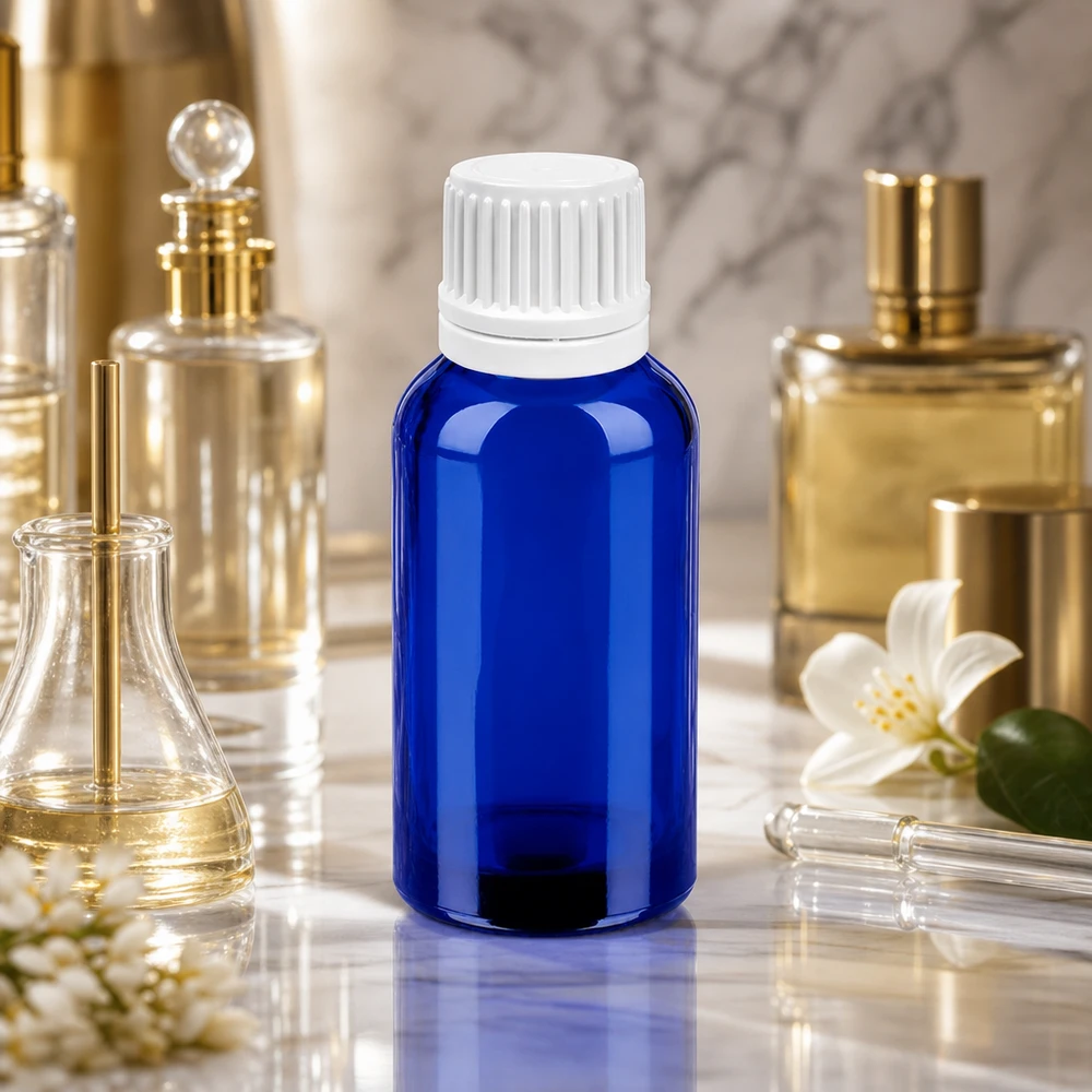 Flacon compte-goutte 30ml 0.7mm blanc OV BlueLine UT18/30 Flacon compte-gouttes 30 ml bleu royal avec embout doseur blanc précis pour les teintures