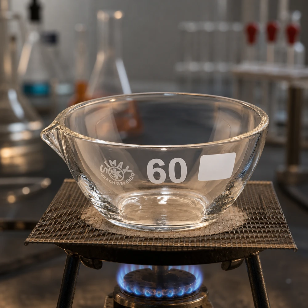 Capsule d’évaporation 45 ml en verre borosilicate, avec bec verseur Bol d'évaporation compact de 45 ml en borosilicate avec bec verseur, parfait pour les laboratoires d'étudiants et l'enseignement