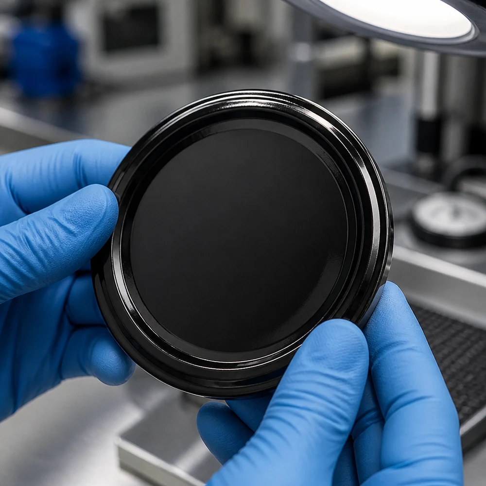 UNiTWIST TO48 noir BioSeal, couvercle de bocale adapté au contact alimentaire unitemp, tenu dans un gant, laboratoire