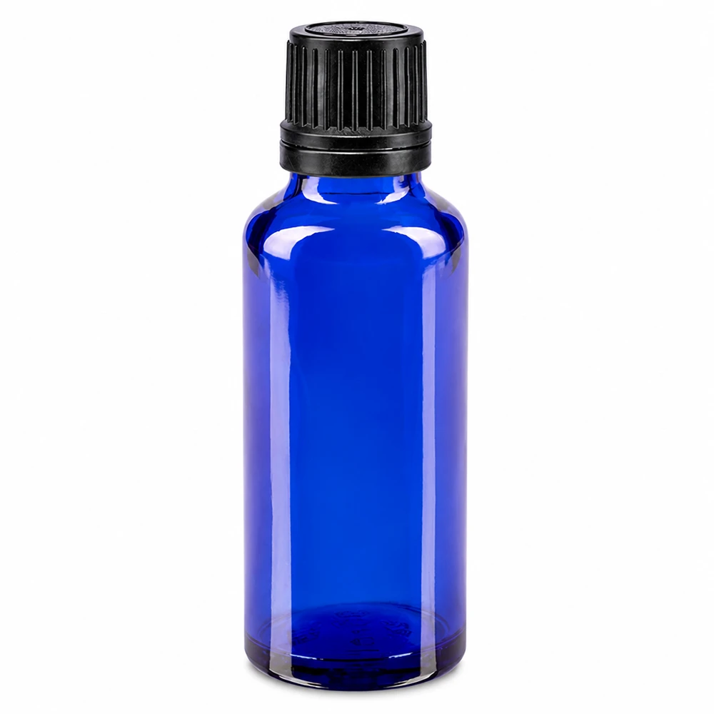 Bouteille de pharmacie bleue 30ml bouchon vissable noir bouchon d'inviolabilité Flacon de pharmacie bleu de 30 ml en verre de haute qualité, muni d'un bouchon d'origine à sécurité enfant