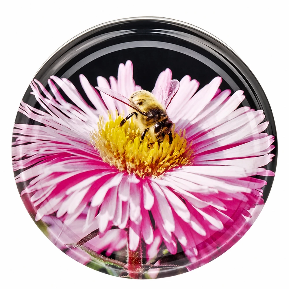 Couvercle à visser rond de 82 mm « Blüte » BasicSeal avec motif naturel représentant une abeille sur un aster UNiTWIST TO82