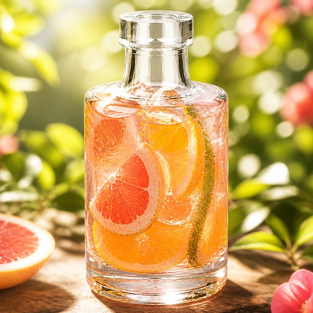 Bouteille en verre 100 ml « Marie » sans bouchon UNiTWIST® Bouteille en verre Marie de 100 ml contenant une boisson au pamplemousse et des glaçons dans un environnement de jardin naturel avec des fruits