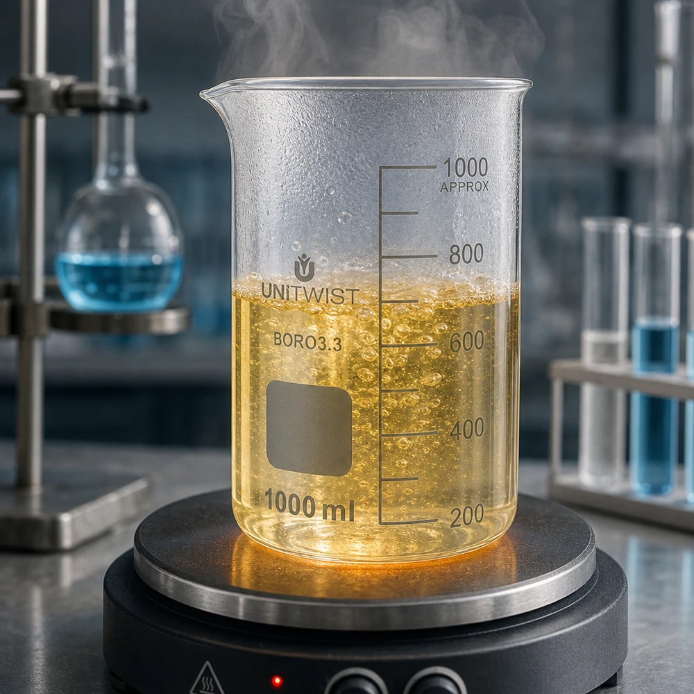 Verre à bec UNITWIST Boro3.3 de 1 000 ml, résistant à la chaleur, contenant un liquide moussant sur une plaque chauffante de laboratoire