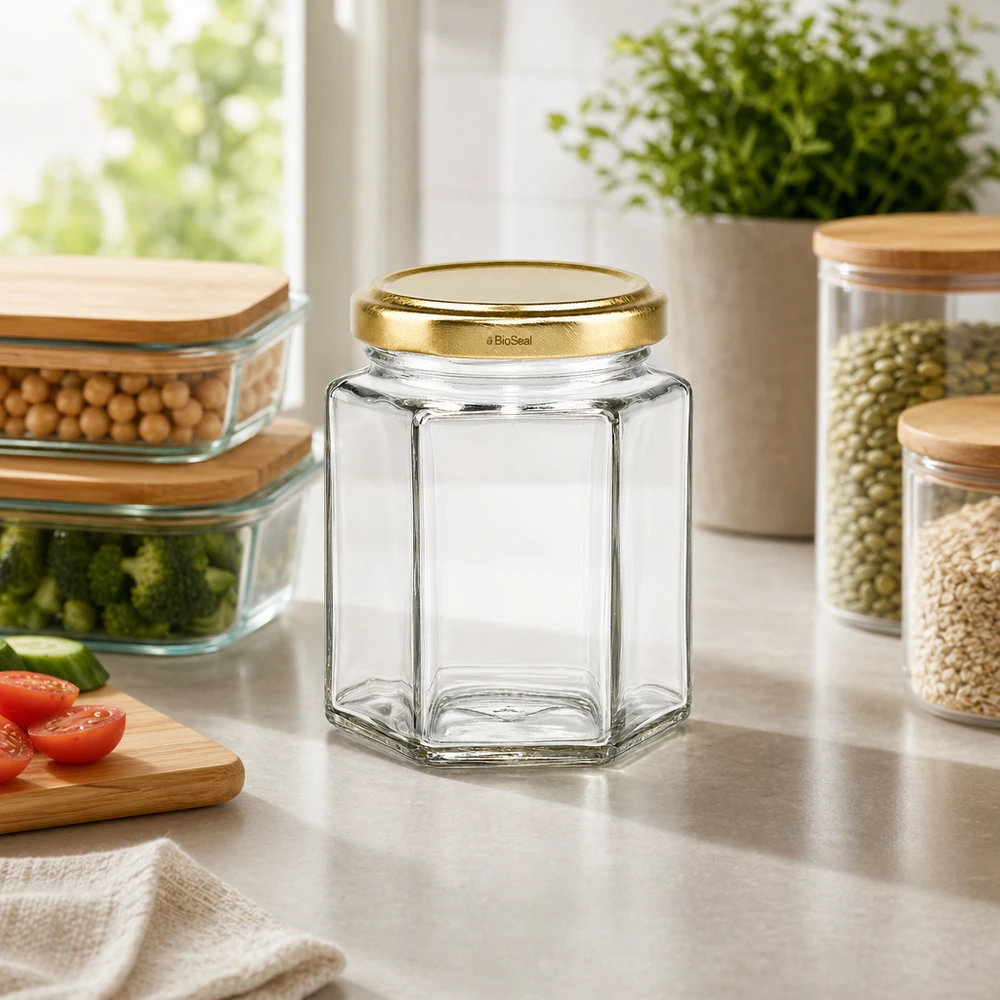 Bocal à provisions vide UNiTWIST Hexa196 avec couvercle TO58 BioSeal Gold sur le plan de travail de la cuisine entre les récipients à provisions remplis.