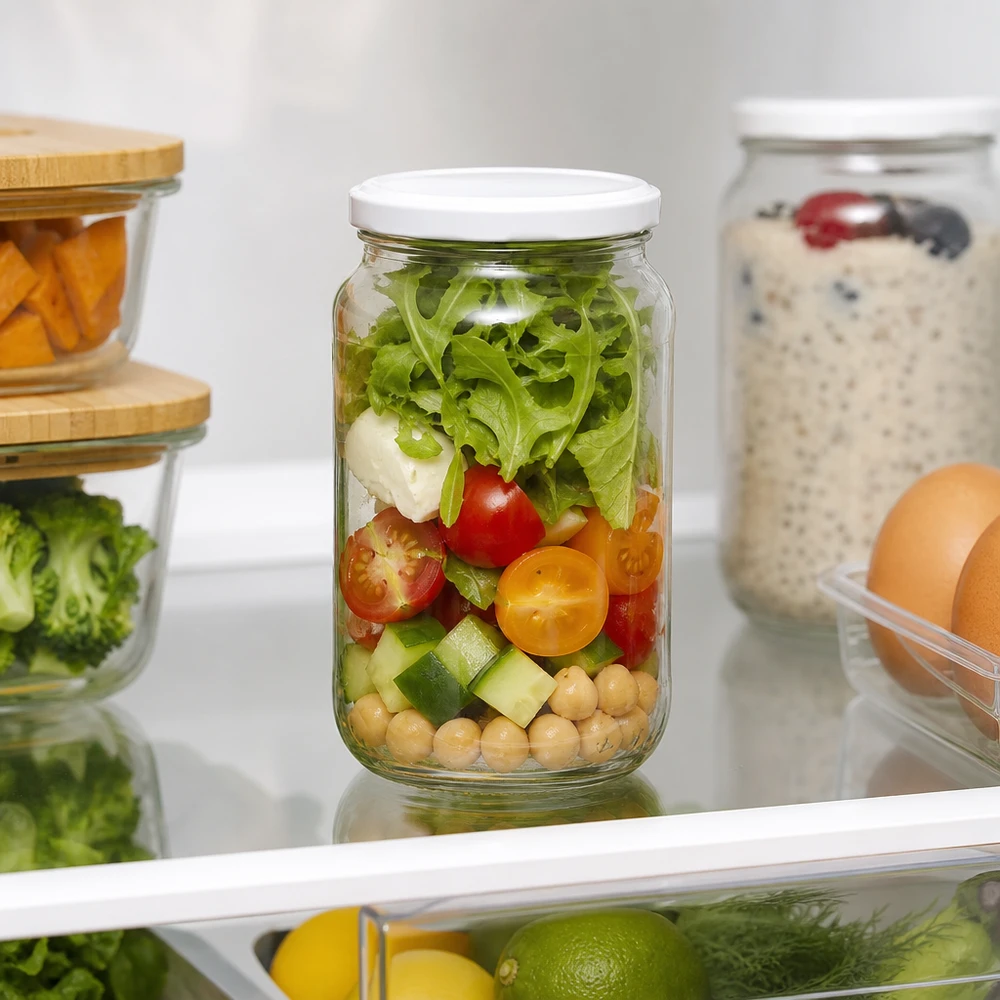 1062ml Verre rond avec couvercle BasicSeal blanc UNiTWIST 1062ml Bocal rond BasicSeal Couvercle avec salade dans le réfrigérateur Meal Prep Container Conservation d'aliments frais