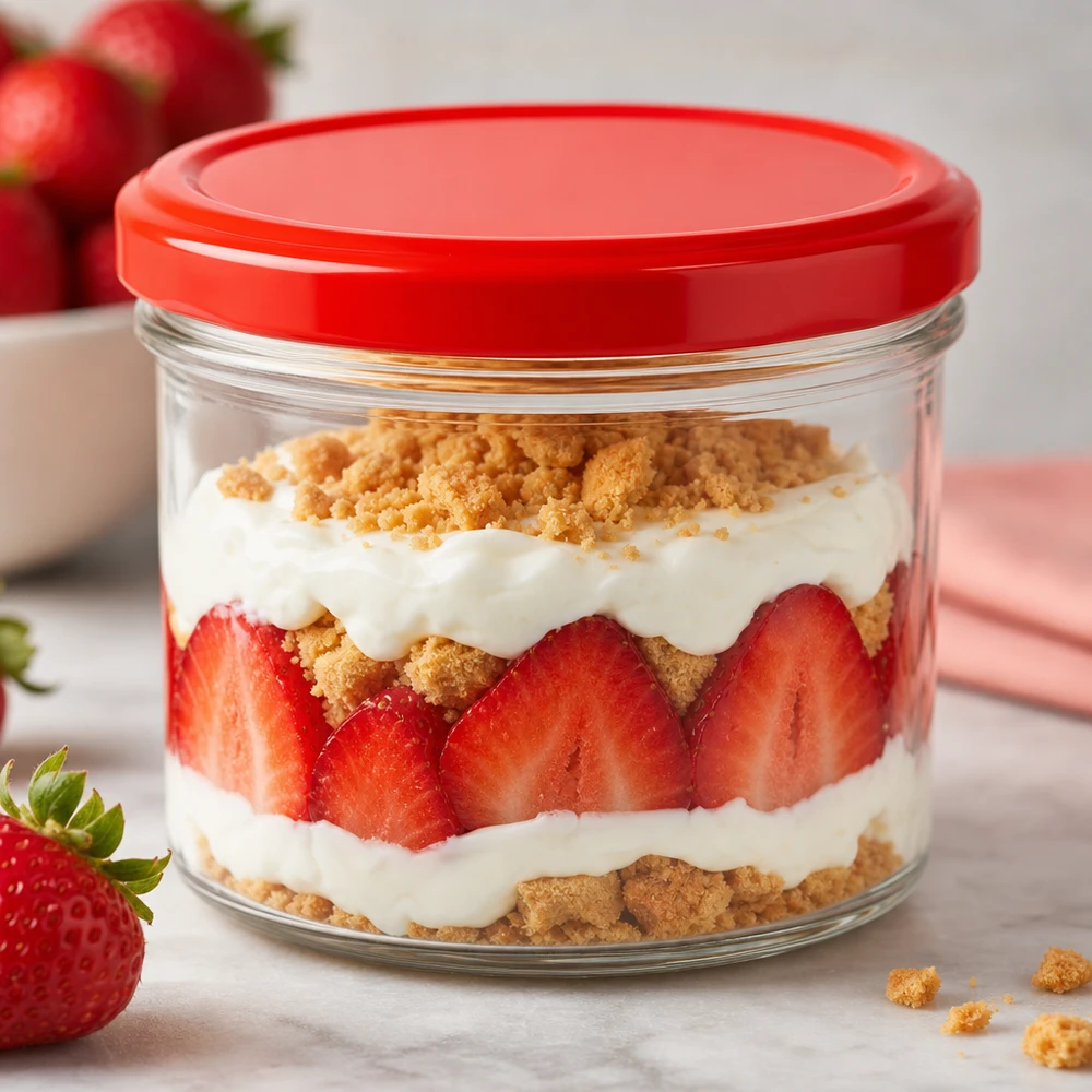 230ml Zylinderglas mit rotem Deckel als Dessertschale für Erdbeertrifle mit Sahne und Kekskrümeln