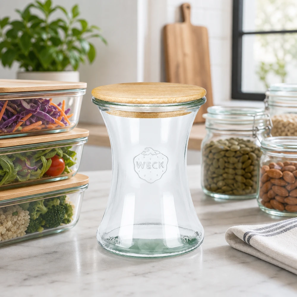 370ml bocal à gourmandises WECK RR80 avec couvercle en bois WECK Pot à délicatesse 370ml RR80 avec couvercle en bois dans la cuisine moderne à côté des bocaux à provisions et des récipients Meal-Prep