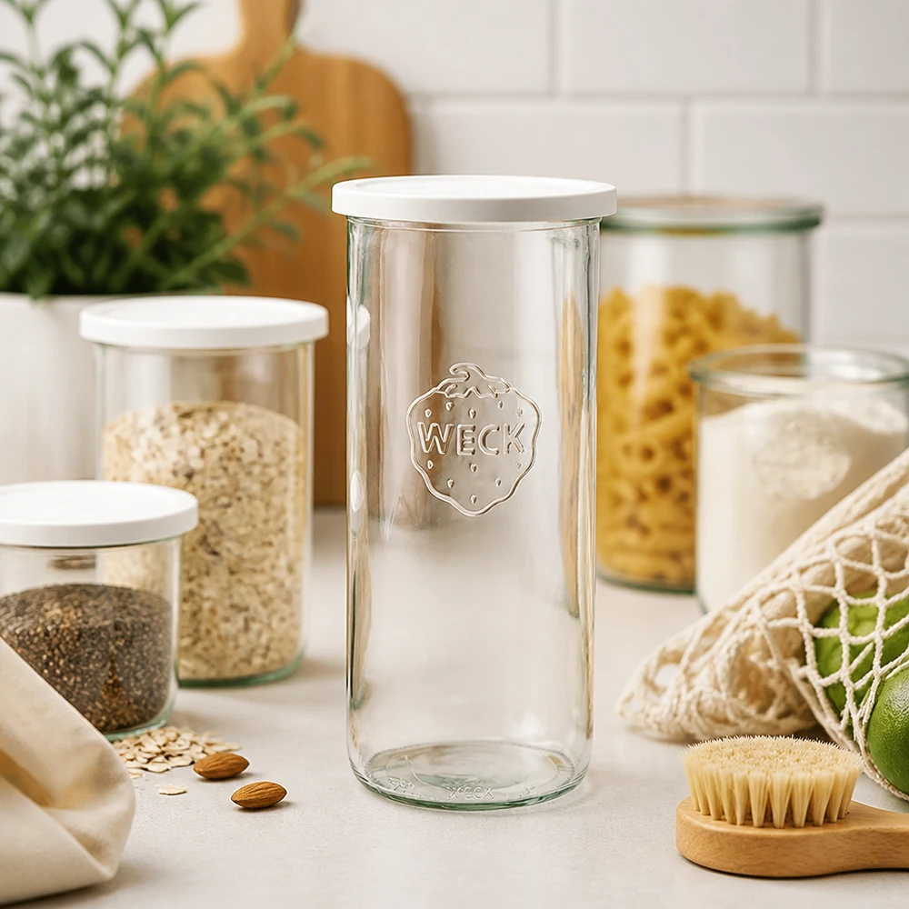 WECK Verre renversé 1500ml RR100 dans une cuisine moderne avec des bocaux à provisions pour les pâtes et des produits écologiques durables