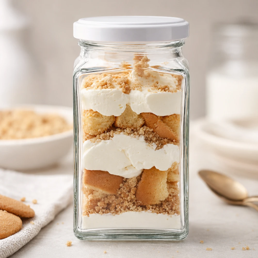 260ml Tetraglas avec couvercle BasicSeal blanc UNiTWIST 260ml Tetraglas BasicSeal blanc comme verre à dessert avec tiramisu dessert en couches rempli à côté de biscuits à la cuillère table de cuisine