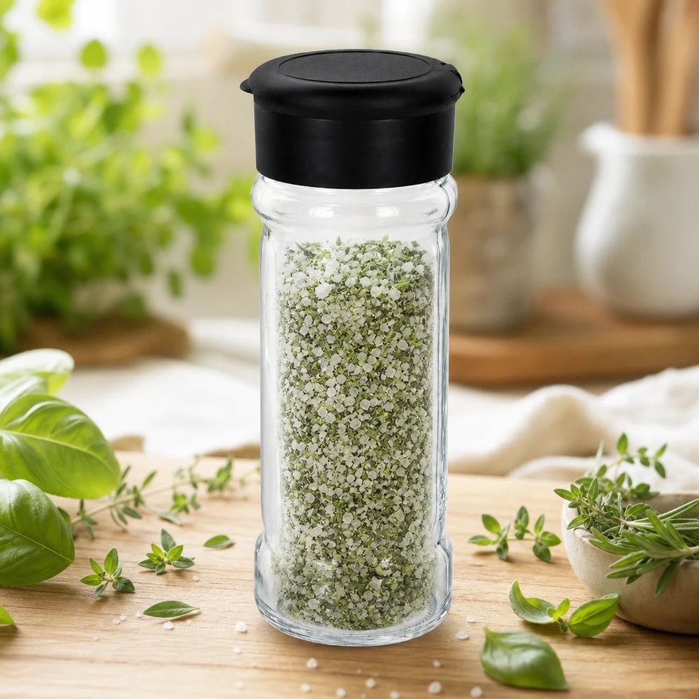 Pot à sel/épices 100 ml avec saupoudreuse, noir Pot à épices de 100 ml rempli de sel aux herbes vertes, muni d'un saupoudreur noir, au milieu d'herbes fraîches