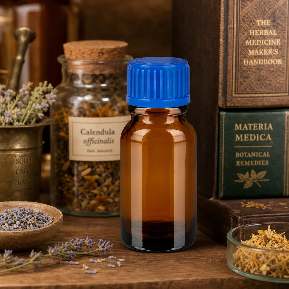 Flacon de 10ml 11mm SV bleu STD BrownLine UT18/10 Bouteille 10ml avec bouchon bleu rainuré en verre brun pour l'homéopathie et la naturopathie