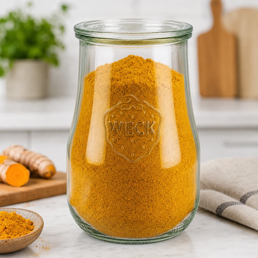WECK Pot tulipe 1750ml RR100 rempli d'épices au curcuma comme bocal de stockage dans une cuisine moderne avec planche à découper en bois