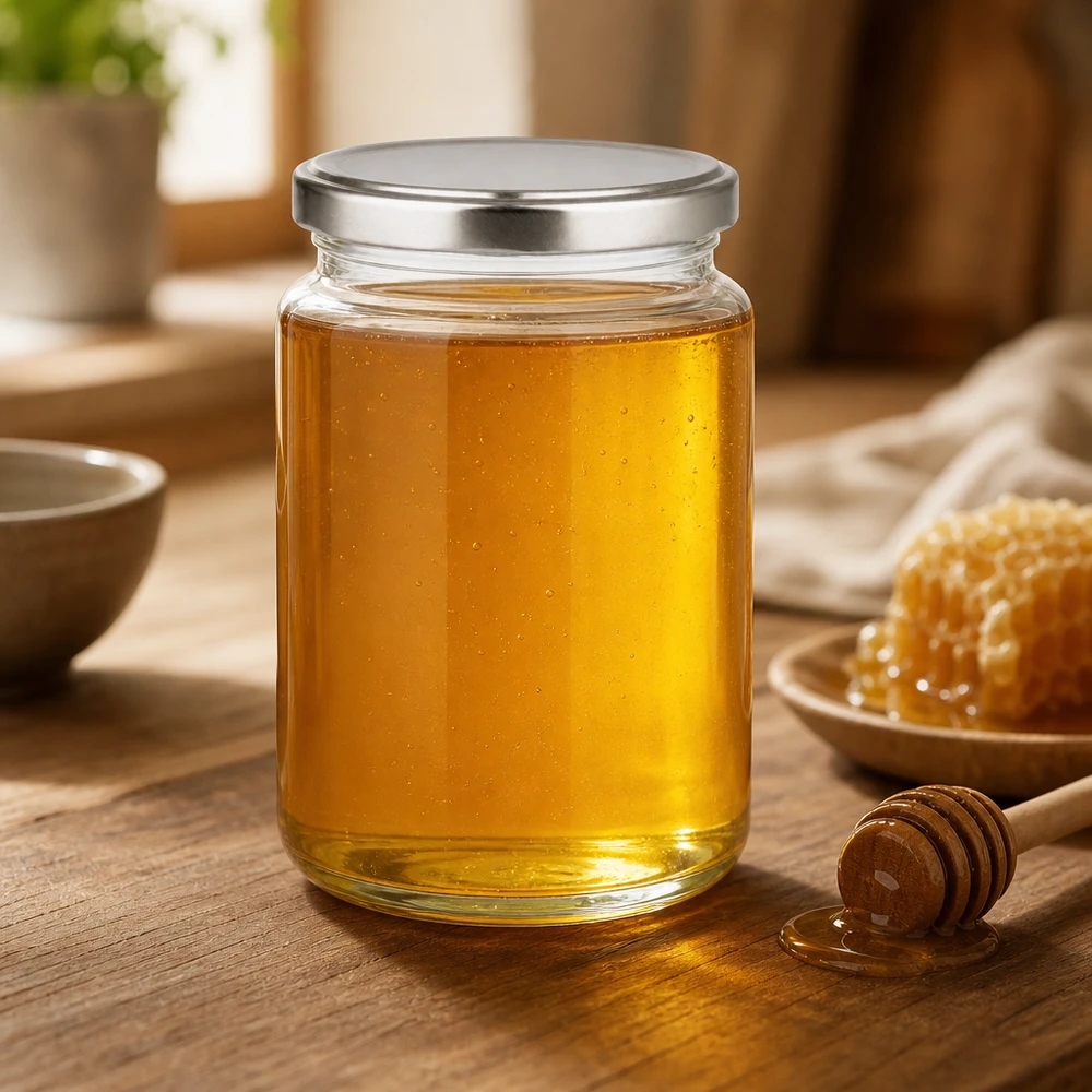 Pot rond de 382ml avec couvercle BasicSeal argenté rempli de miel Pot de miel Apiculture Dipper en bois Nid d'abeille naturellement sucré