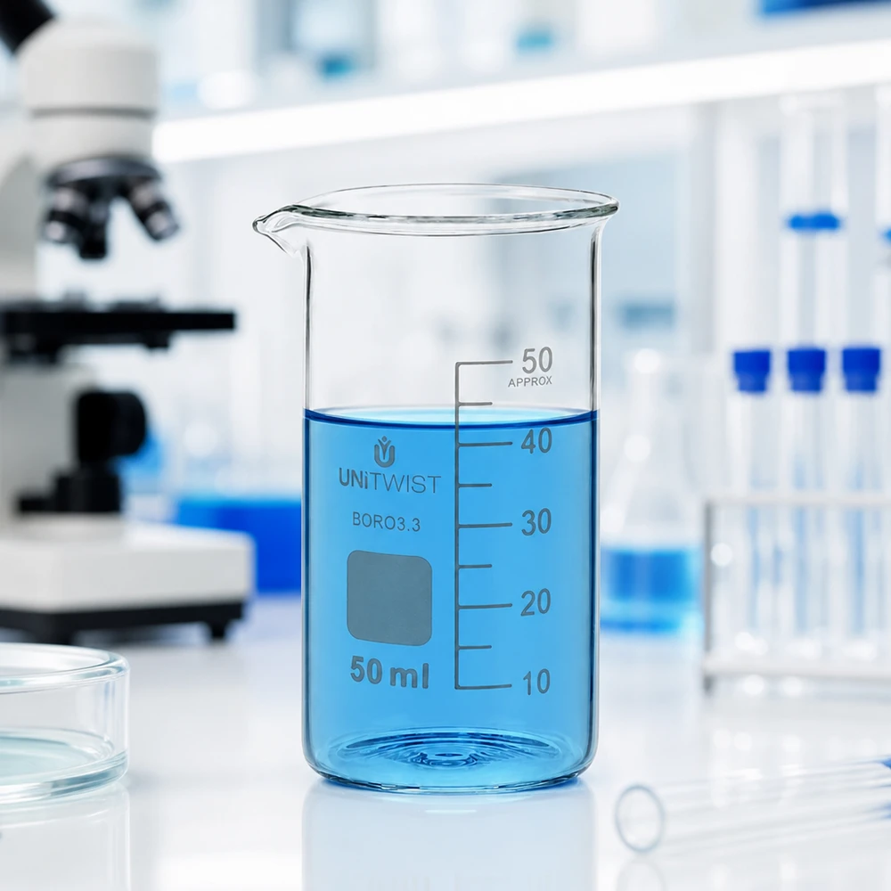 Bécher de laboratoire de 50 ml, de forme cylindrique haute, en borosilicate, avec bec verseur transparent et graduation