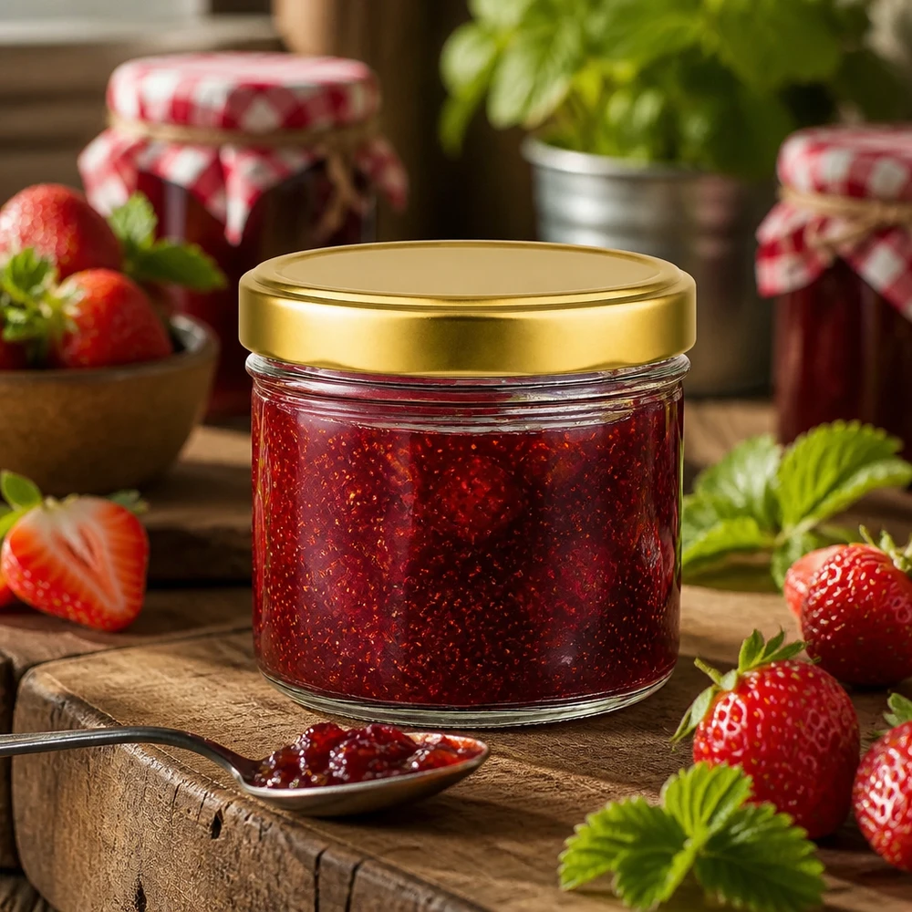 Pot cylindrique de 230 ml rempli de confiture de fraises Couvercle doré BasicSeal Exemple d'utilisation Pot à confiture
