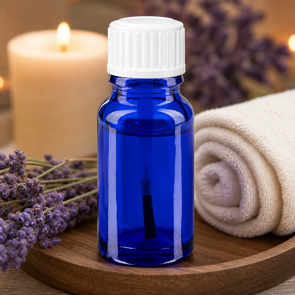 Flacon de pharmacie bleu 10ml bouchon vissable blanc pinceau Flacon en verre avec protection UV, 10 ml, bleu cobalt, avec bouchon blanc, pour huiles essentielles