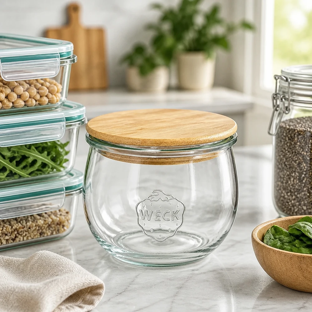 580ml bocal tulipe WECK RR100 avec couvercle en bois WECK Bocal à provisions 580ml RR100 avec couvercle en bois dans une cuisine moderne à côté de conteneurs en verre empilés avec des légumineuses