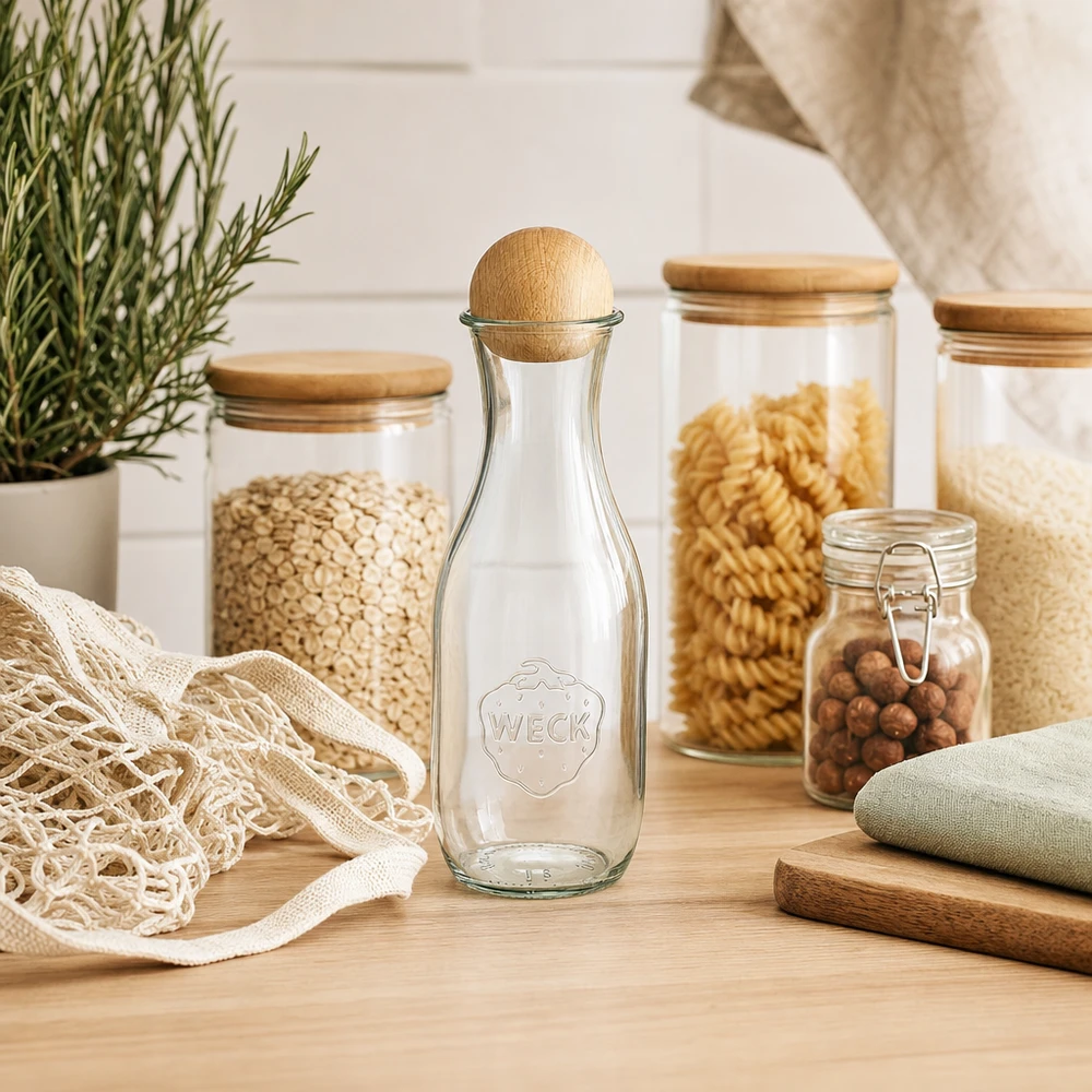 1062ml Bouteille à jus de fruits WECK RR60 avec boule en bois en hêtre WECK Bouteille en verre 1062ml RR60 dans une cuisine durable avec bocaux à provisions Zero-Waste Sac en jute et plante de romarin