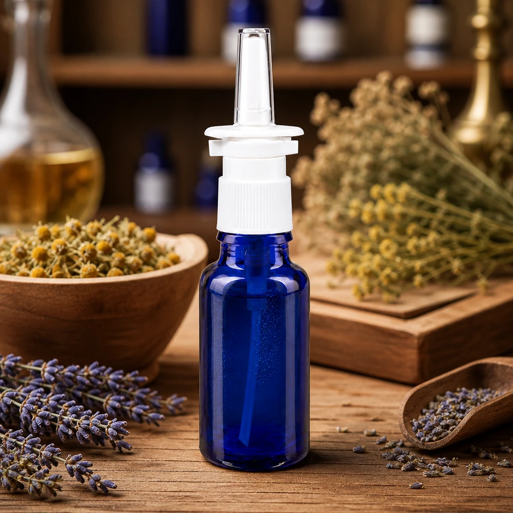 Flacon de spray nasal ApoGlas bleu de 20 ml avec embout pulvérisateur transparent, entre la lavande et les herbes aromatiques