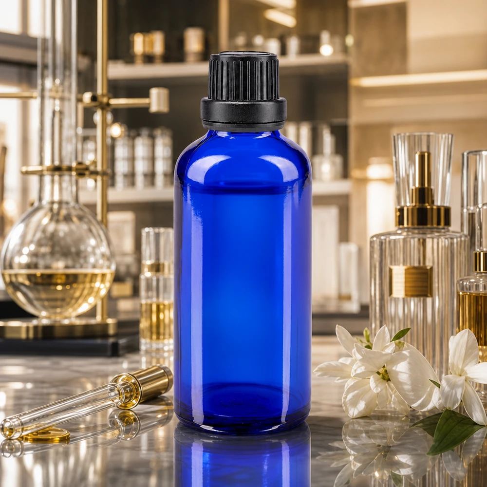 Flacon de pharmacie bleu 50ml bouchon vissable noir bouchon inviolabilité Flacon de pharmacie bleu cobalt de 50 ml, à côté de fleurs de jasmin et de flacons de parfum