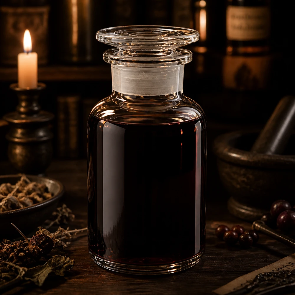 Flacon pharmaceutique 250 ml col large + bouchon verre clair Teinture botanique en flacon en verre transparent à col large de 250 ml, muni d'un bouchon en verre et d'une décoration à base de plantes