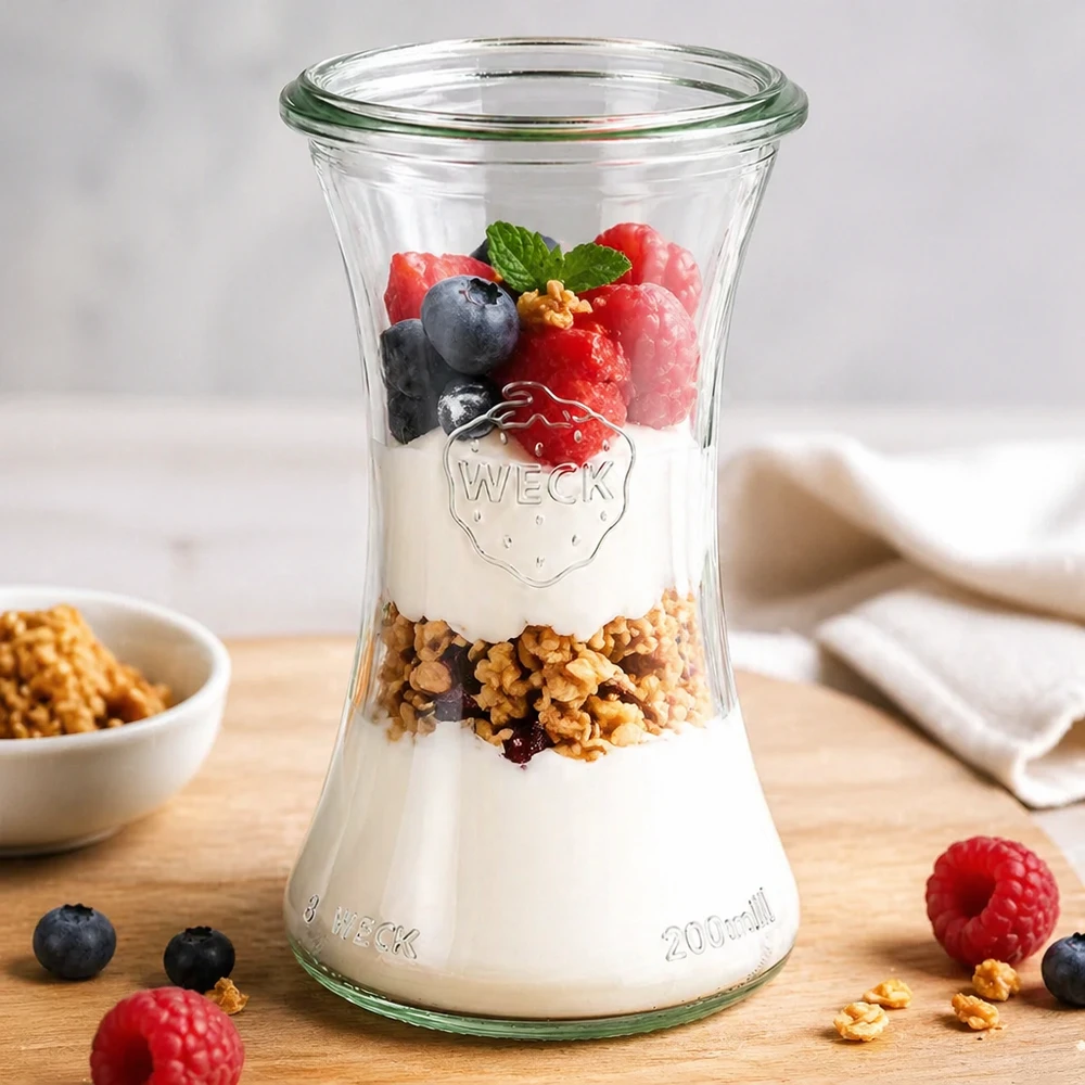 WECK RR60 Verre à délicatesse 200ml rempli de yaourt granola et de baies comme parfait sur table en bois avec décoration