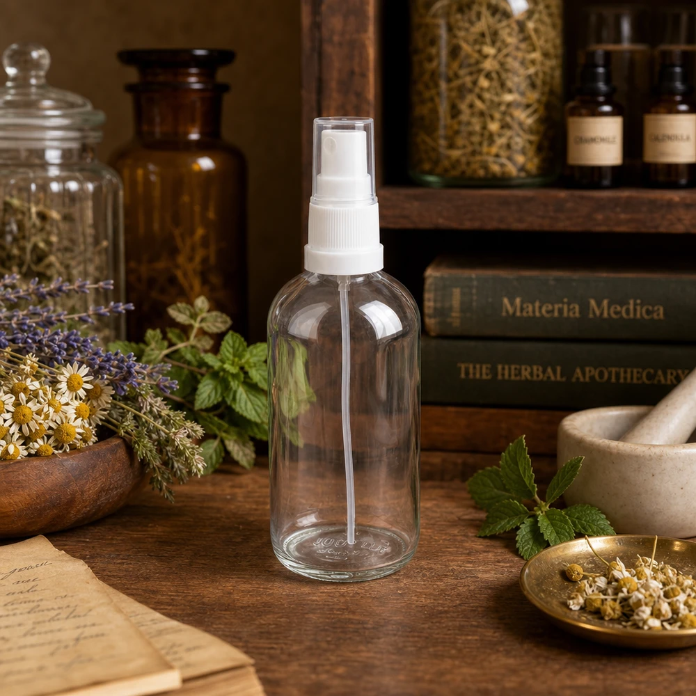 100ml vaporisateur blanc/tr. STD ClearLine UT18/100 Flacon pulvérisateur en verre de 100 ml ClearLine UT18 : entre plantes médicinales, livres de pharmacie et cosmétiques naturels