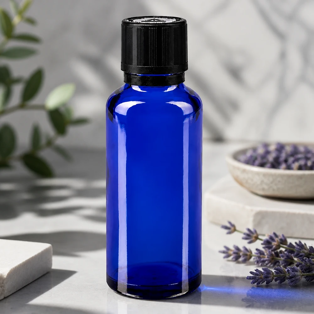 flacon à pharmacie bleu 30ml bouchon inviolable 1mm noir séc. enf. ada.a.ave. bouchon inviolabilité Flacon en verre d'apothicaire bleu cobalt de 30 ml avec compte-gouttes de 1 mm, dans un décor minimaliste dédié au bien-être