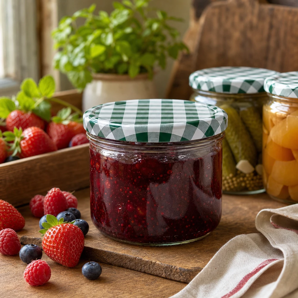 230ml Verre cylindrique avec couvercle BasicSeal vert/blanc UNiTWIST Pot de confiture 230ml avec confiture de baies rouges et couvercle BasicSeal à carreaux verts entre des fraises fraîches