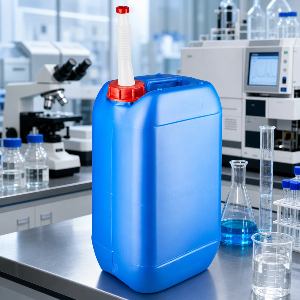 Récipient rectangulaire bleu de 15 litres destiné à contenir des liquides, muni d'un bec verseur flexible, utilisé en laboratoire
