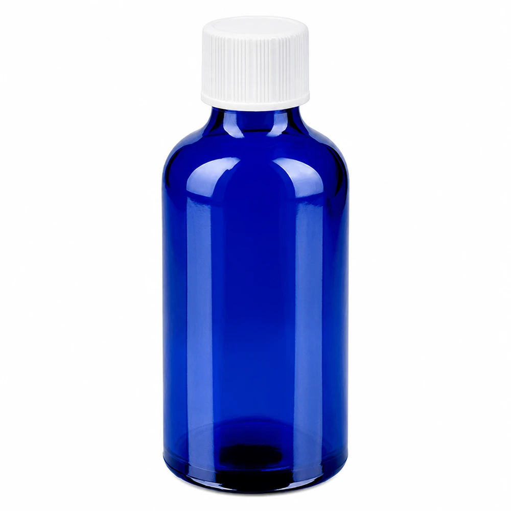 Flacon de 50ml 11mm SV blanc STD BlueLine UT18/50 Flacon 50ml pour la cosmétique et la pharmacie - verre bleu bouchon blanc BlueLine