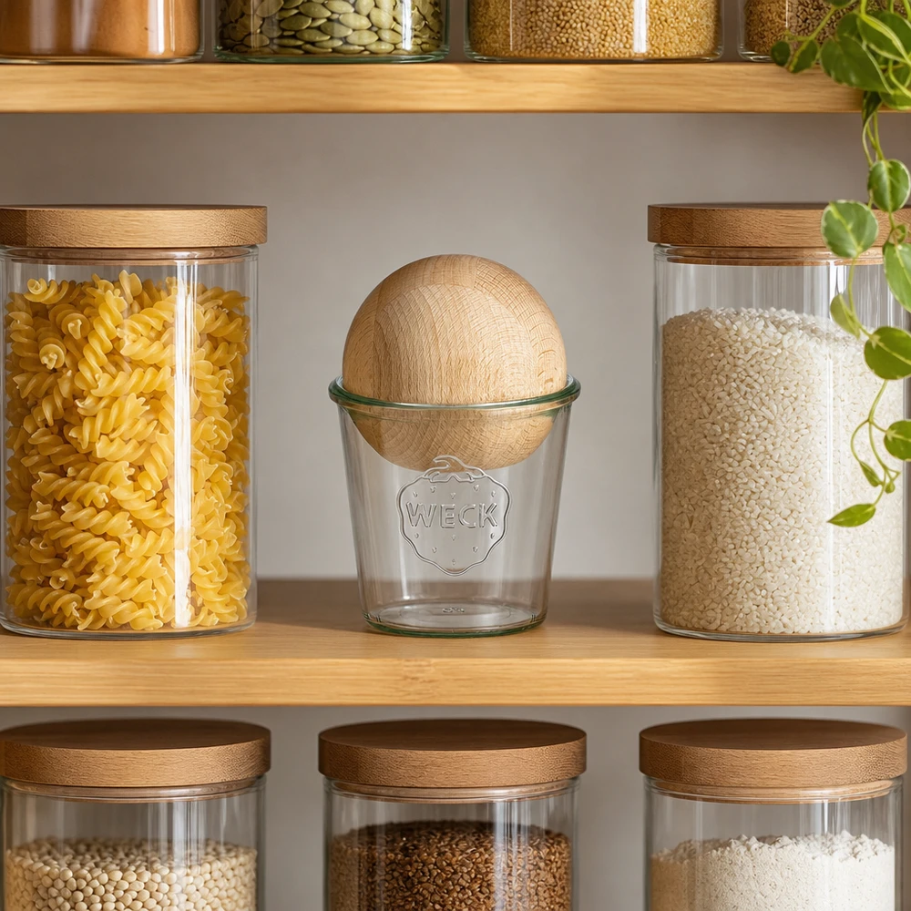 WECK Bocal RR100 580ml avec boule en bois de hêtre dans une cuisine de réserve moderne entre les pâtes et le riz sur une étagère en bois