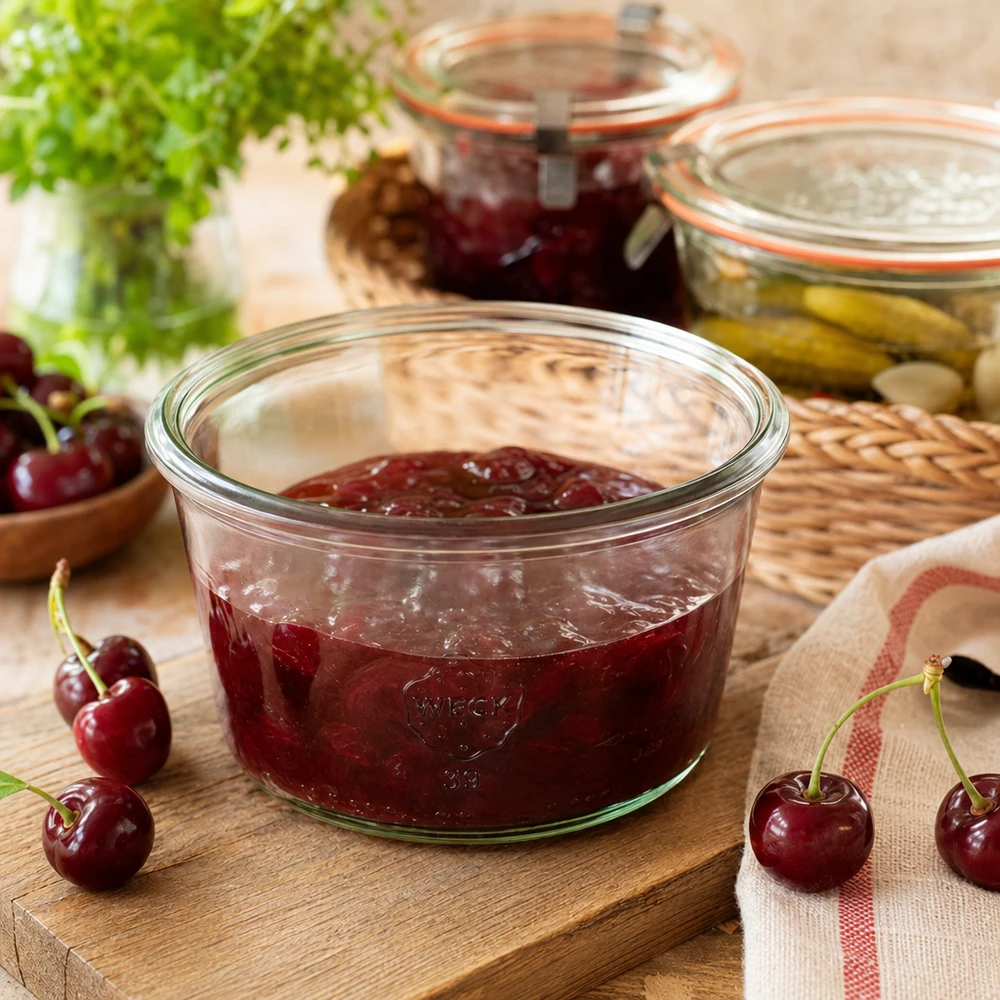 WECK RR80 Pot gourmand 165ml rempli de confiture de cerises sur une planche en bois à côté de cerises fraîches et de bocaux à conserves