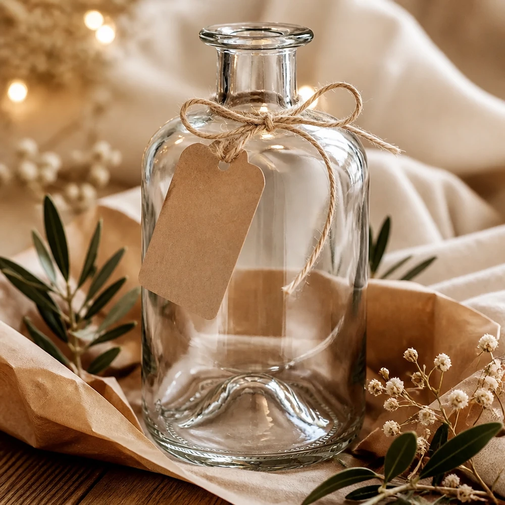 Flacon à pharmacie « 500ml Glasflasche "Luna" ohne Verschluss UNiTWIST » 500 ml sans bouchon UNiTWIST® Flacon de pharmacie Luna 500ml transparent avec pendentif en papier kraft comme emballage cadeau entre des fleurs séchées