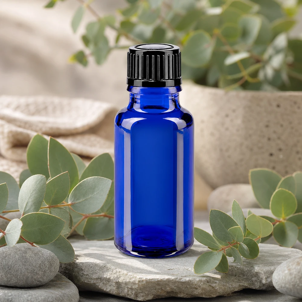 Flacon à pharmacie bleu 20ml bouchon compte-gouttes 1mm noir standard Flacon en verre d'apothicaire bleu de 20 ml STD avec compte-gouttes de 1 mm pour huiles essentielles et essences