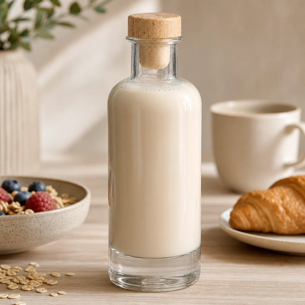 Bouteille Ella » avec bouchon en bois UNiTen verre 200 ml « WIST® Bouteille en verre Ella de 200 ml avec bouchon en bois remplie de lait d'avoine sur la table du petit-déjeuner avec des céréales et un croissant