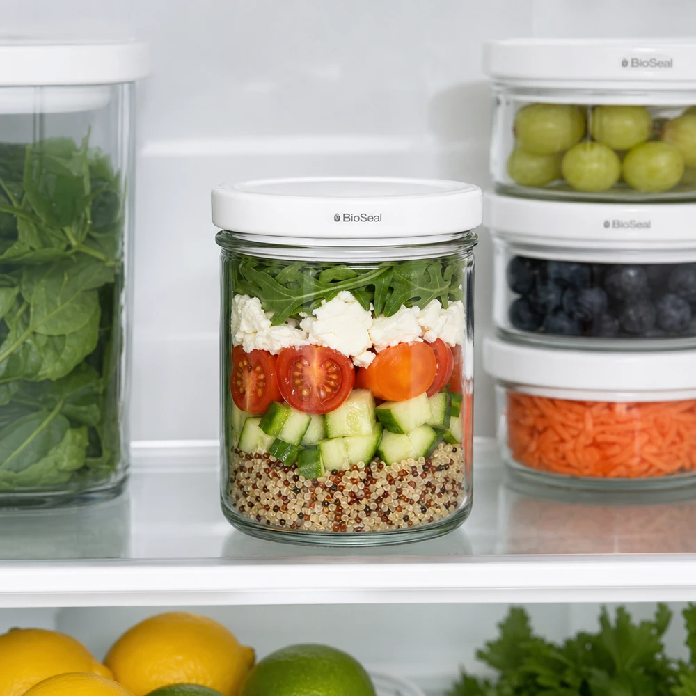 UNiTWIST 167ml Bocal en verre pour réfrigérateur Organisation Meal Prep Salade en couches Couvercle BioSeal Conservation de la fraîcheur
