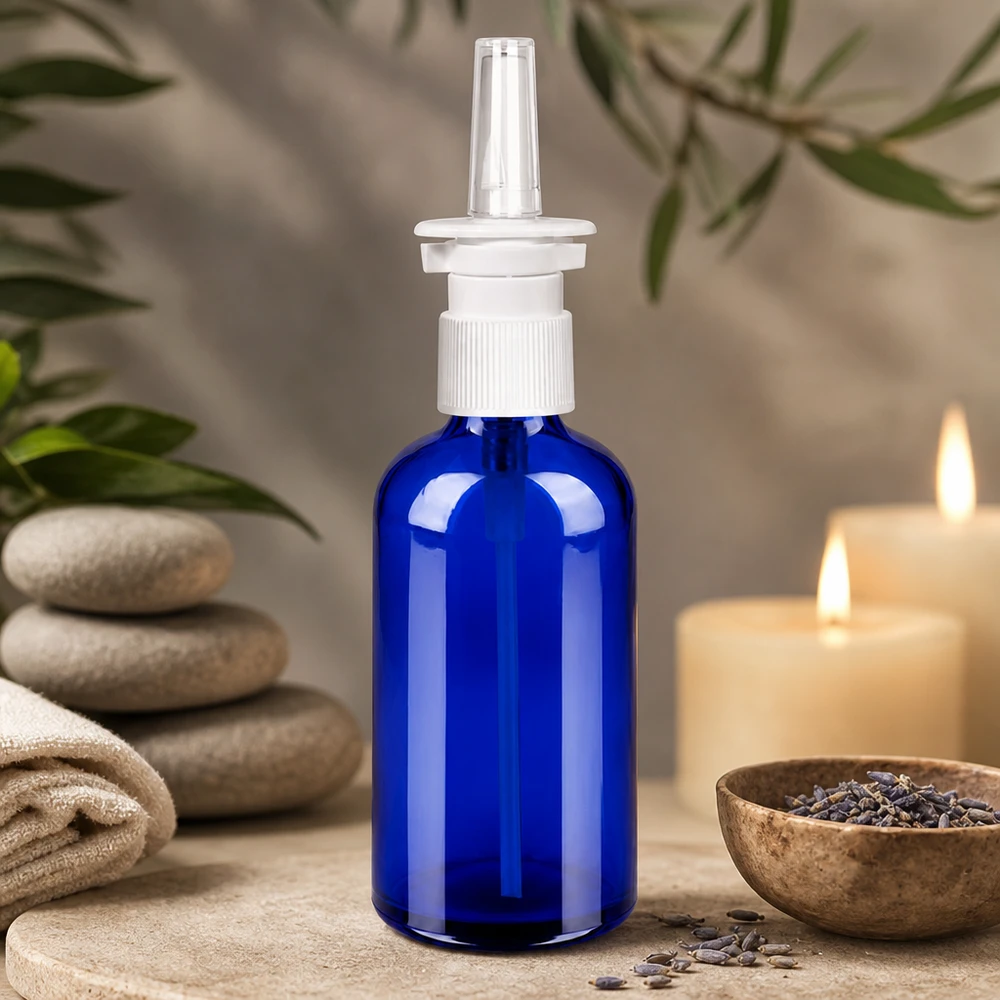 100ml flacon vaporisateur nasal blanc/tr. STD BlueLine UT18/100 Flacon médical en verre 100ml avec système de pulvérisation nasale précis pour les applications thérapeutiques
