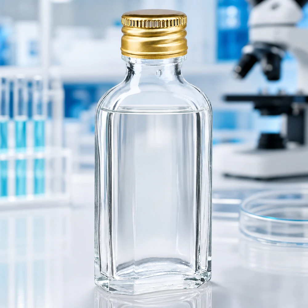 Petite bouteille en verre transparent de 50 ml, de forme carrée à fond plat, avec un bouchon PP22 doré, vue au microscope