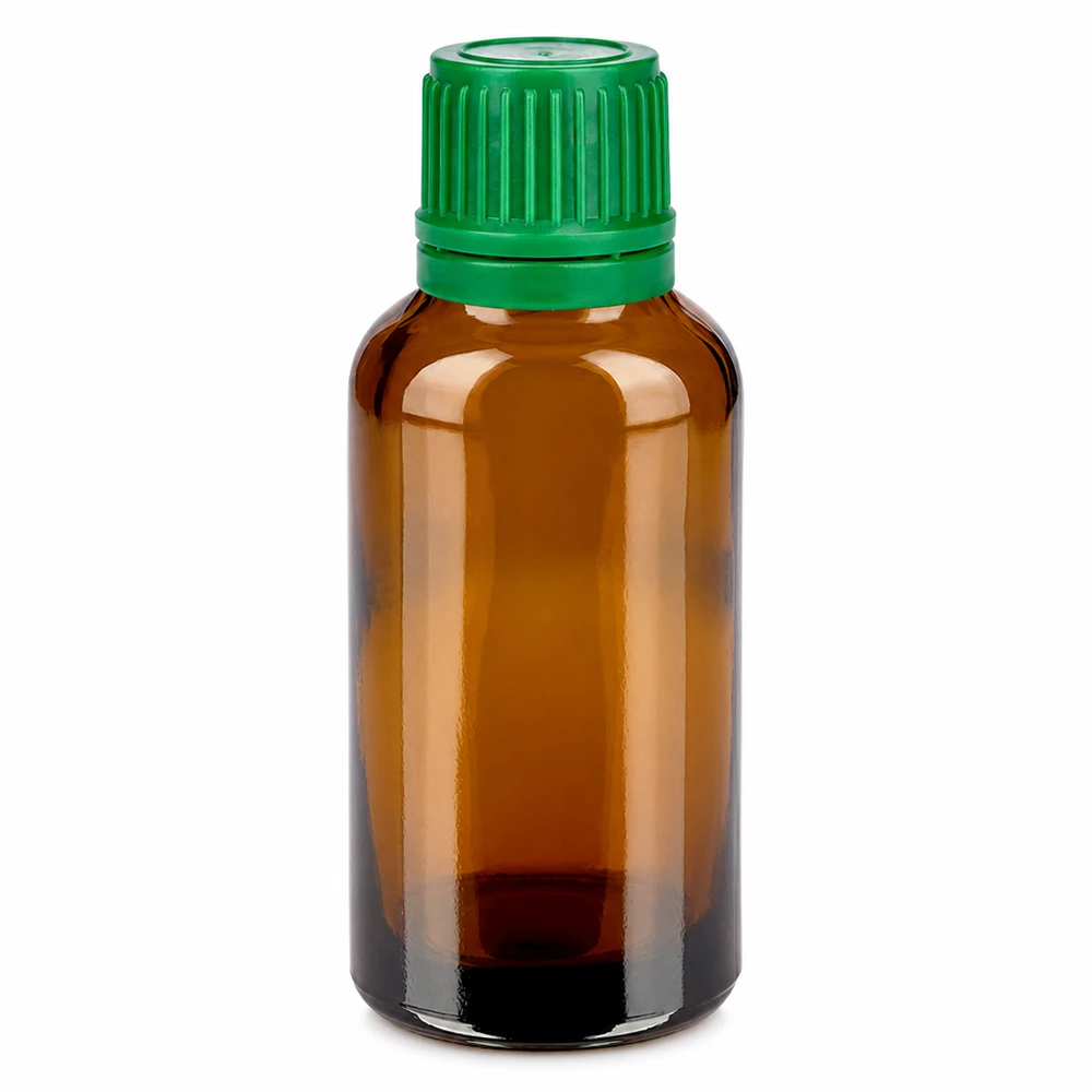 Flacon 30ml 11mm SV vert OV BrownLine UT18/30 Bouteille en verre de 30ml de protection UV en brun avec bouchon à vis vert de 11mm pour les substances actives