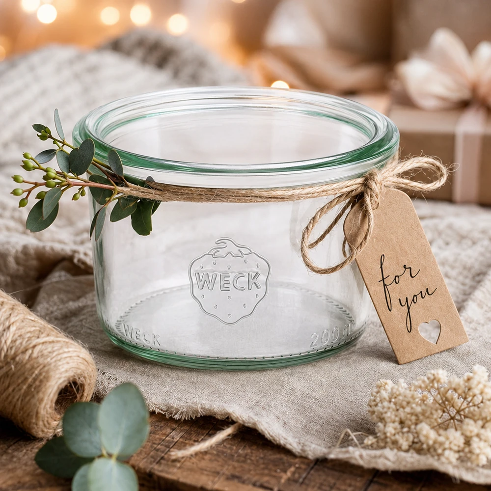 Bocal en verre de 200 ml WECK RR80 WECK Pot renversé 200ml RR80 avec couvercle, décoré d'eucalyptus et d'une étiquette cadeau sur une table en bois rustique