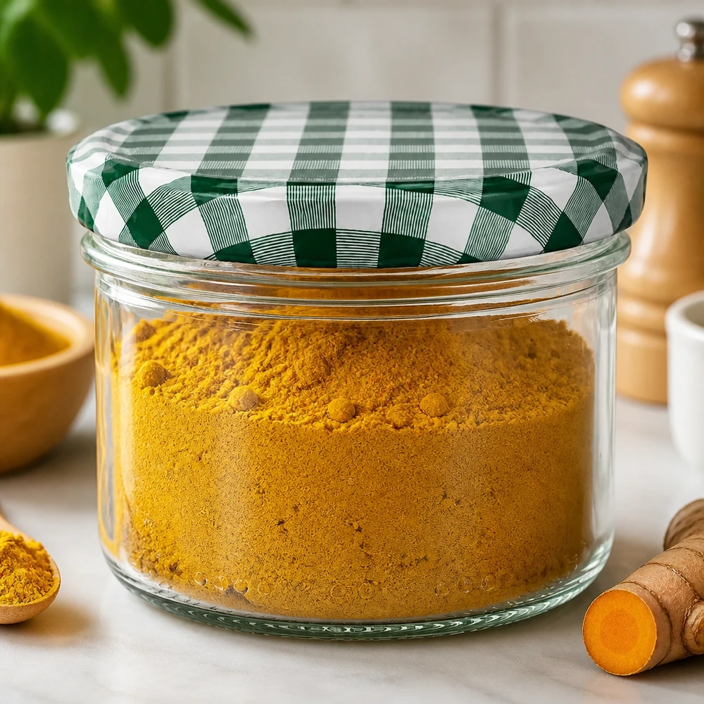 Pot de conservation 230ml rempli de poudre de curcuma avec couvercle à carreaux verts et blancs dans une ambiance de cuisine