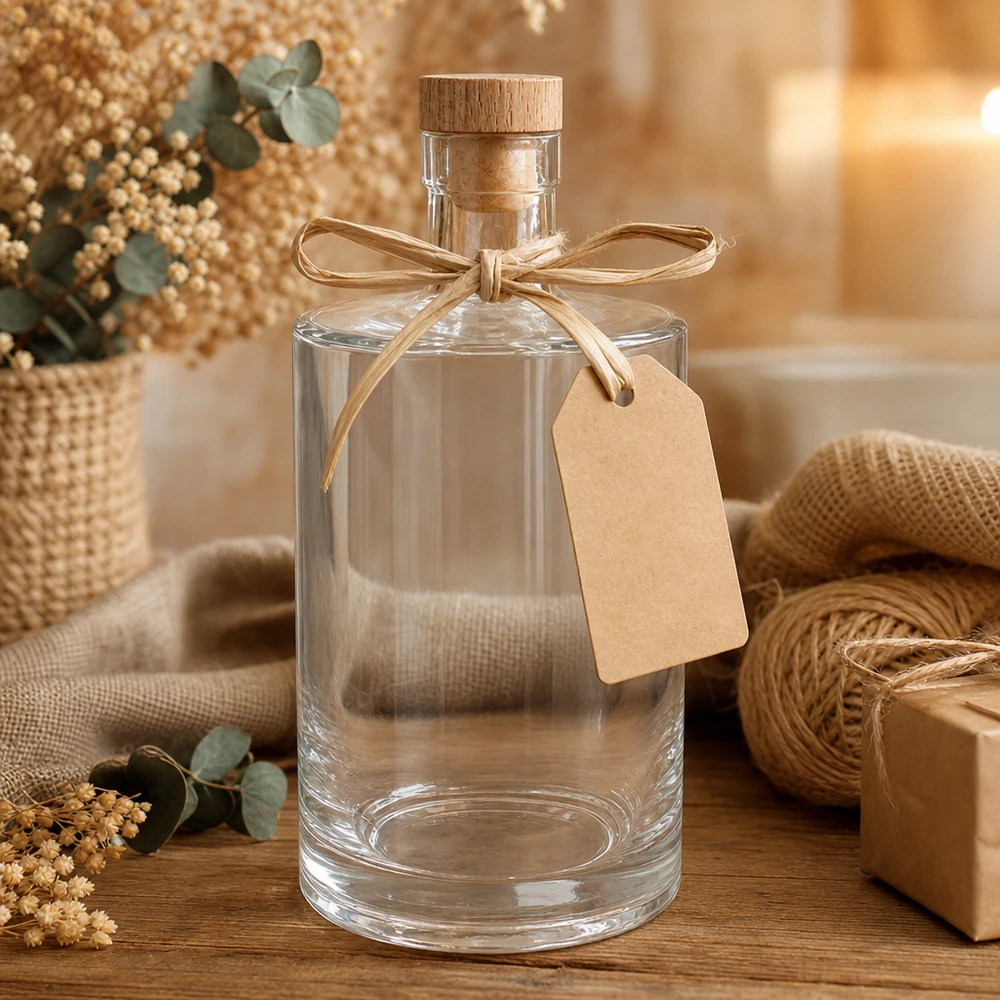 Bouteille en verre 700 ml « Marie » avec bouchon en bois UNiTWIST® 700ml Glasflasche Marie leer mit Holzkorken und Geschenkanhänger in gemütlicher Deko-Szene mit Jute und Blumen