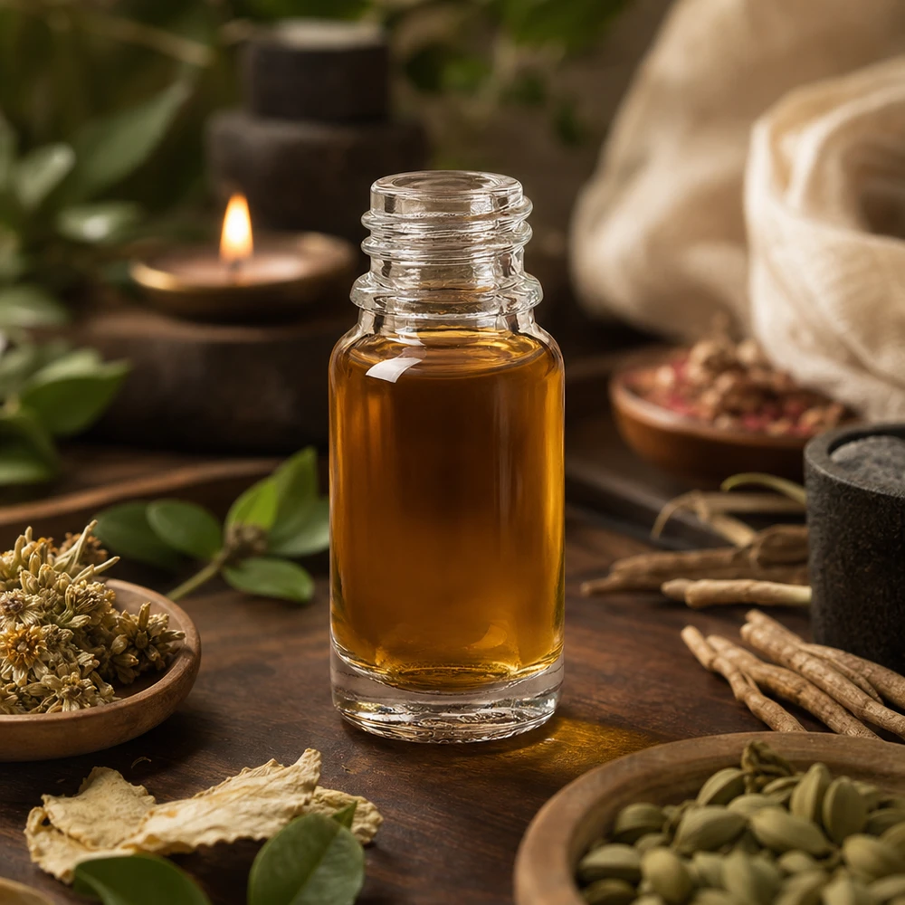 Flacon de pharmacie en verre transparent de 10 ml UNiTWIST contenant de l'huile essentielle, entre des herbes médicinales et des coupelles en bois