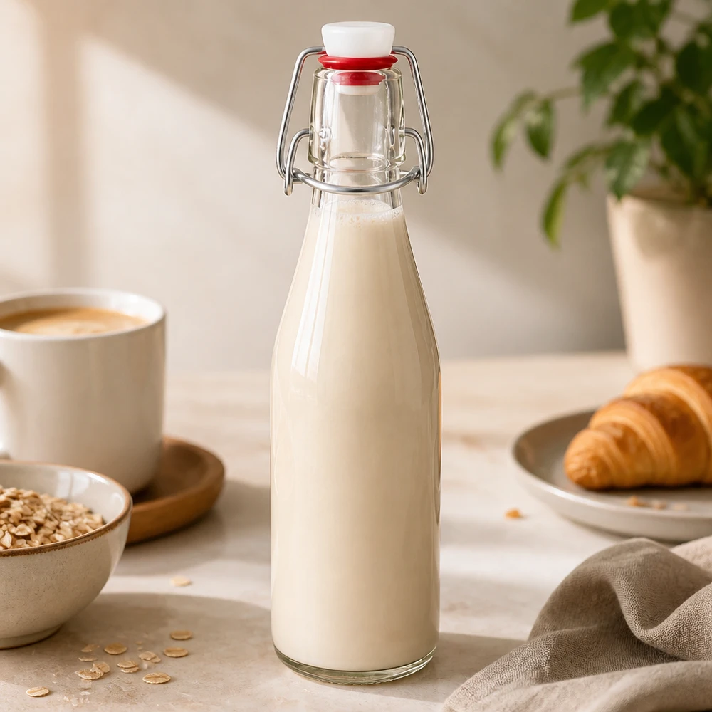 Bouteille en verre de 250 ml + bouchon mécanique en porcelaine UN.. Bouteille en verre 250ml avec fermeture à étrier remplie de lait à côté de flocons d'avoine, tasse de café et croissant